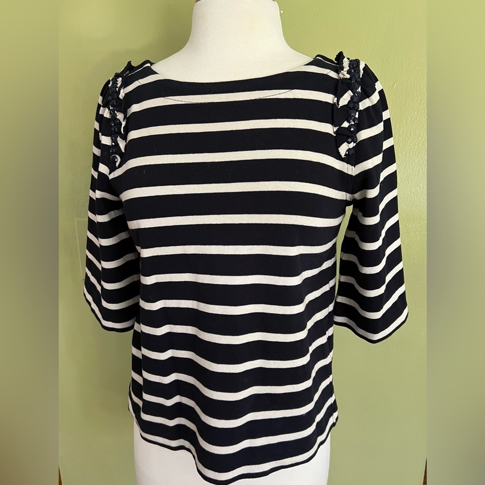 Navy and White Striped Women's Top with shoulder detail